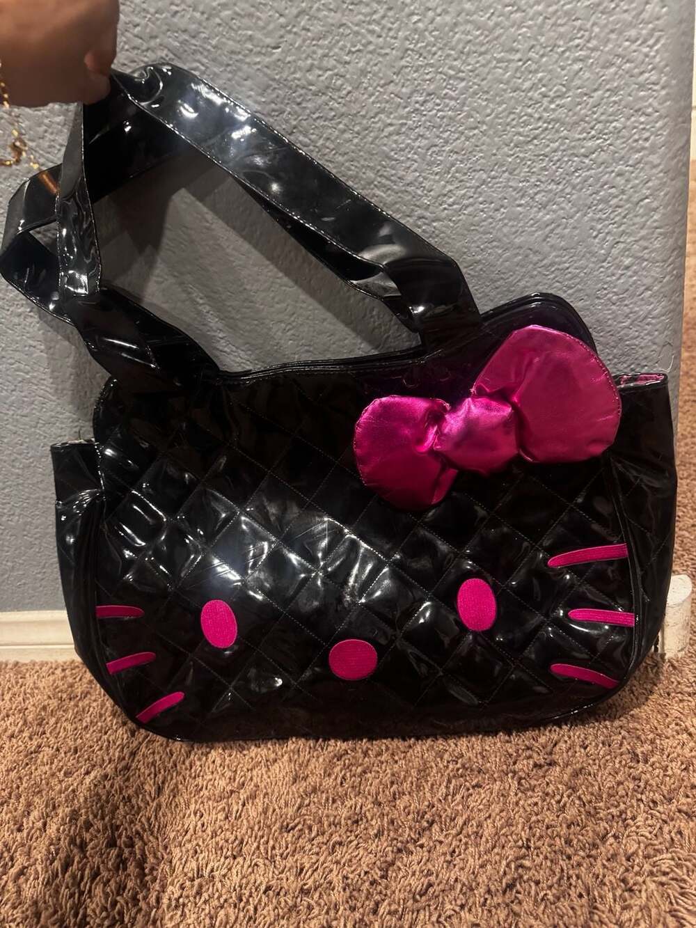 Hello Kitty Quilted Patent Leather Tote Bag in Black and Pink